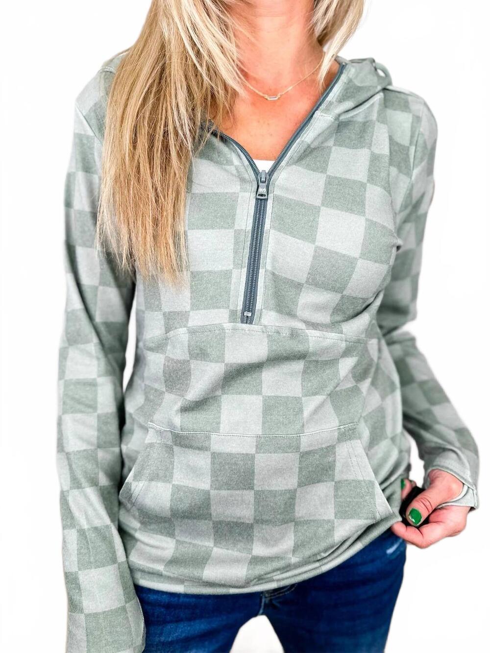 NEW MICHELLE MAE checkered half zip hoodie sweatshirt in green